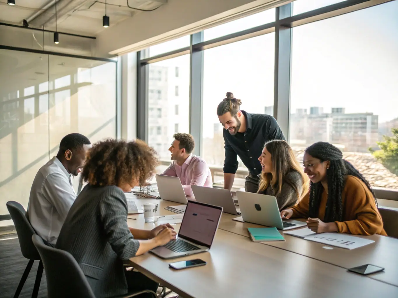 A team brainstorming ideas for an influencer marketing campaign, with laptops and mood boards showcasing various social media platforms and influencer profiles.