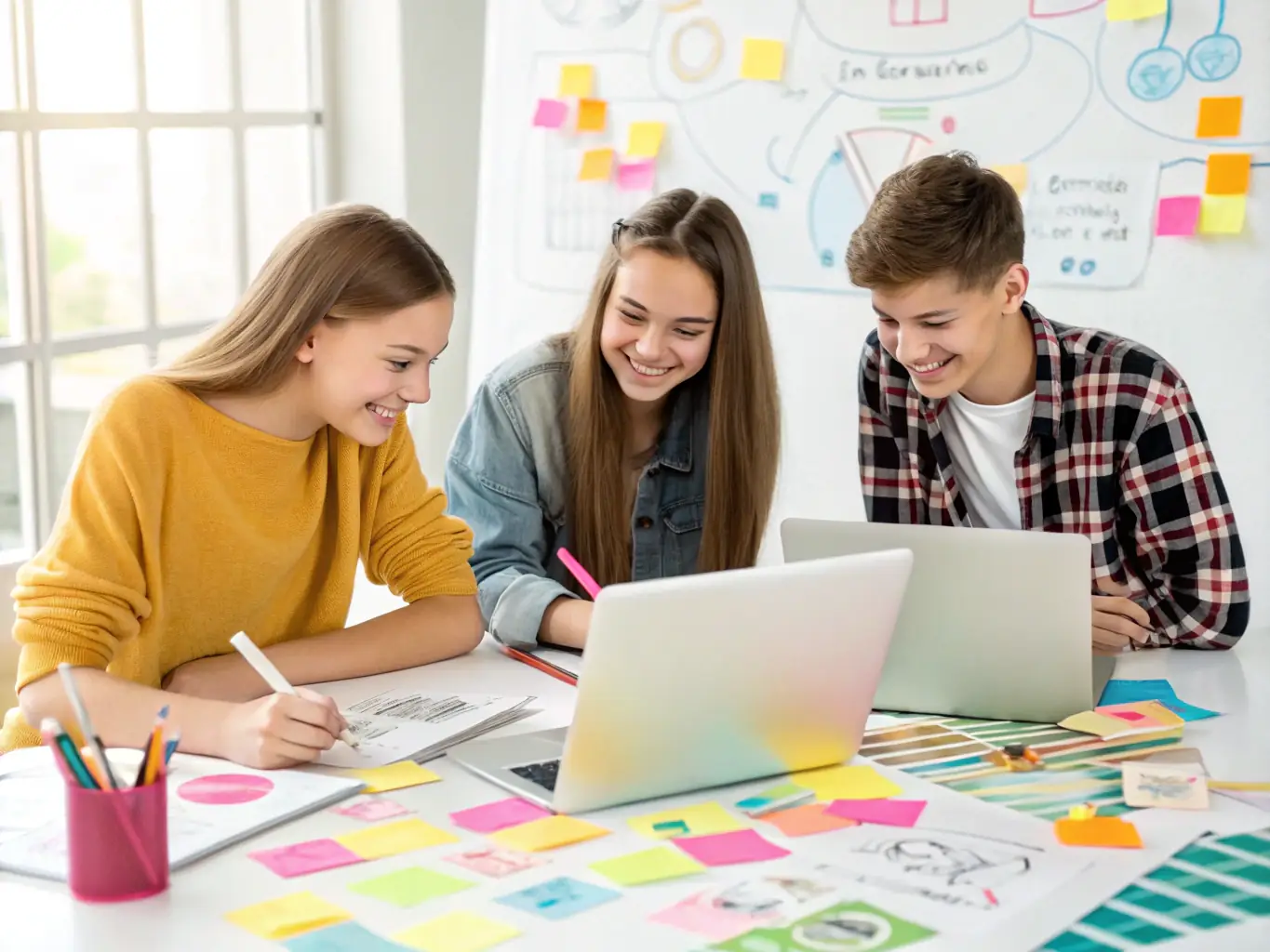 An image showing a team brainstorming campaign ideas with social media icons and influencer profiles, representing Influencer Campaign Development.